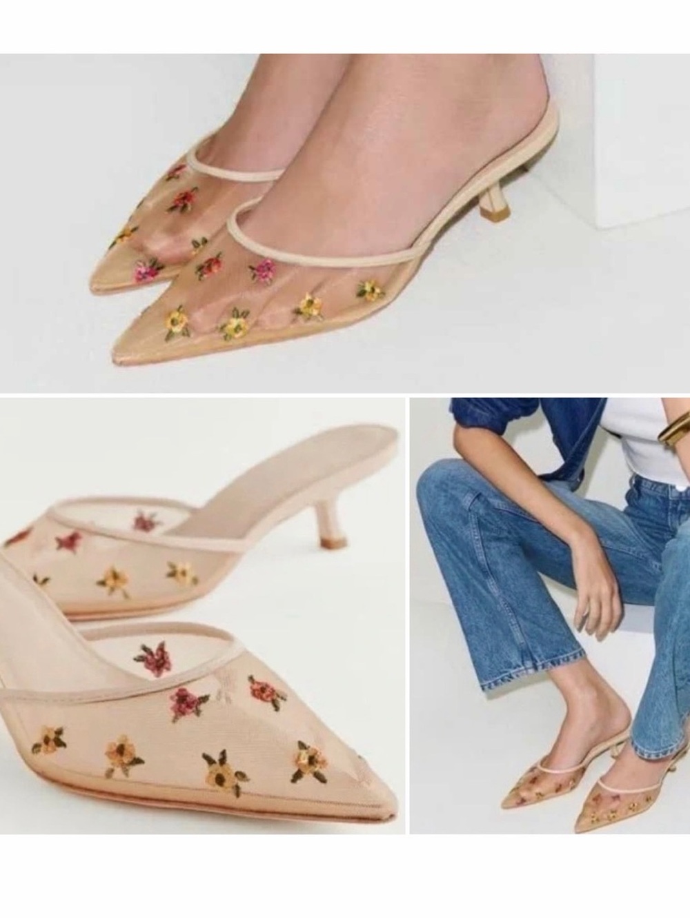 Reformation Wilda Beige Floral Embroidered Mesh Kitten Heel Mules Sz 6 $228